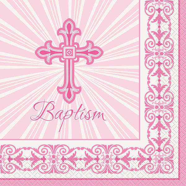 RADIANT CROSS PINK 16 "BAPTISM" LUNCHEON NAPKINS 2PLY 33CM X 33CM (13" X 13")